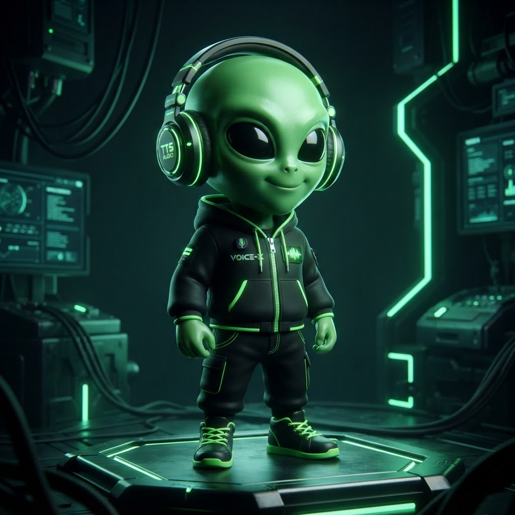 Mascota oficial de 4:20 TTS Bot: alien verde con audífonos y ropa urbana negra con detalles verde neón